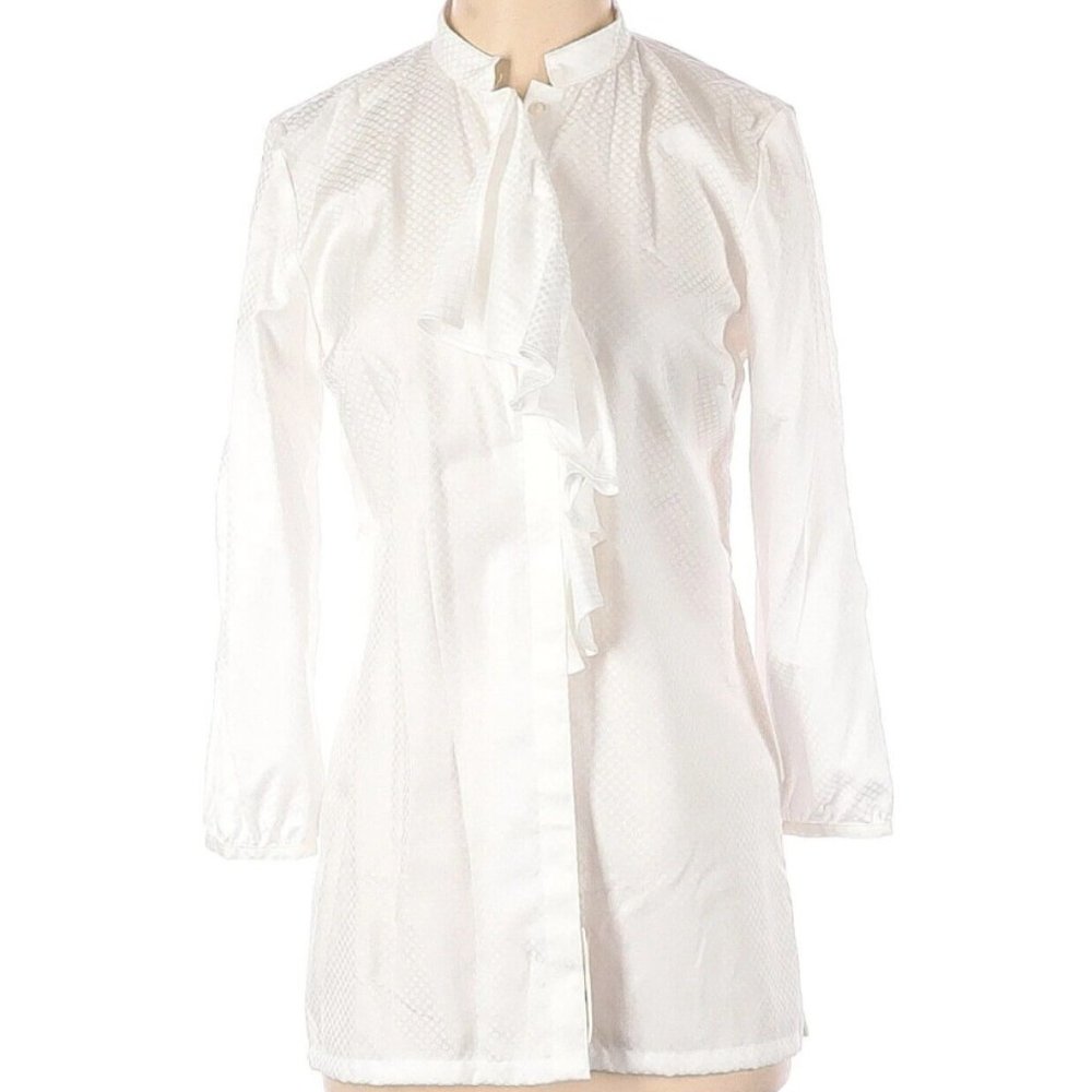 Brooks Brothers Women's Ruffle Trim Mandarin Collar White Cotton Shirt Size XS S